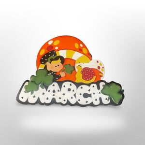 Vintage March St Patrick's Day Elf Mushroom Wood Wall Hanging Decor hand painted